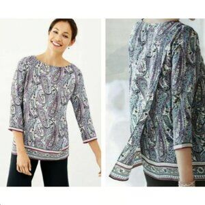 J Jill Blue & Purple Paisley Three Quarter Sleeve W/ Faux Draped Back